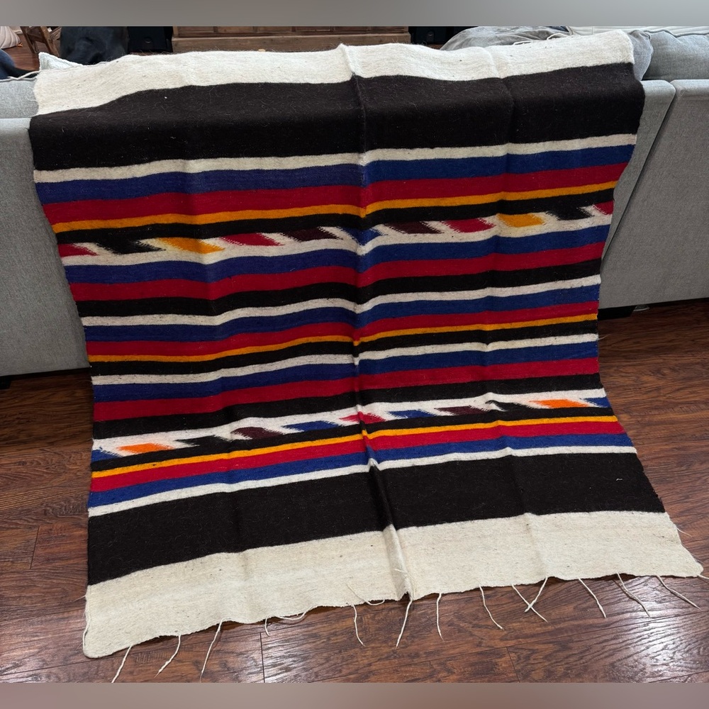 Vintage Handwoven Wool Blanket – Southwest Striped Pattern‎ – 57” x 68”